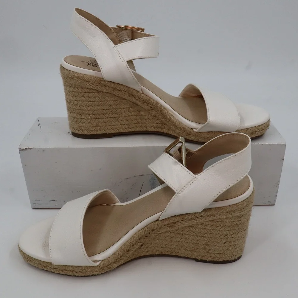 LifeStride Espadrille Wedge Sandals Womens 9.5 White Faux‎ Leather Ankle Strap